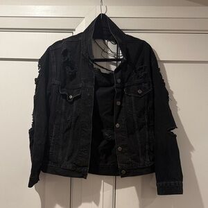 Free People Black Distressed Jean Jacket